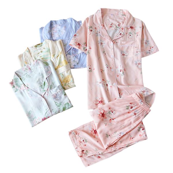 

fresh summer 2020 rayonpyjamas ensemble casual japanese short sleeve shorts floral pyjamas joint women's pajamas kkre, Black;brown