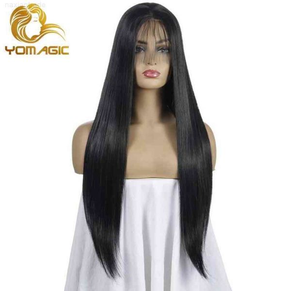 

yomagic black color synthetic front baby hair straight gluels lace wigs with pre plucked for women