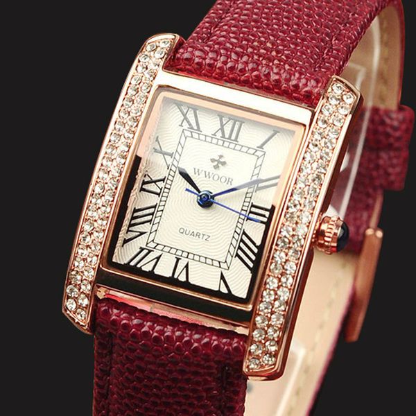

wwoor brand luxurious fashion diamond wrist watches for women dress casual quartz ladies watch red leather waterproof clocks 201204, Slivery;brown