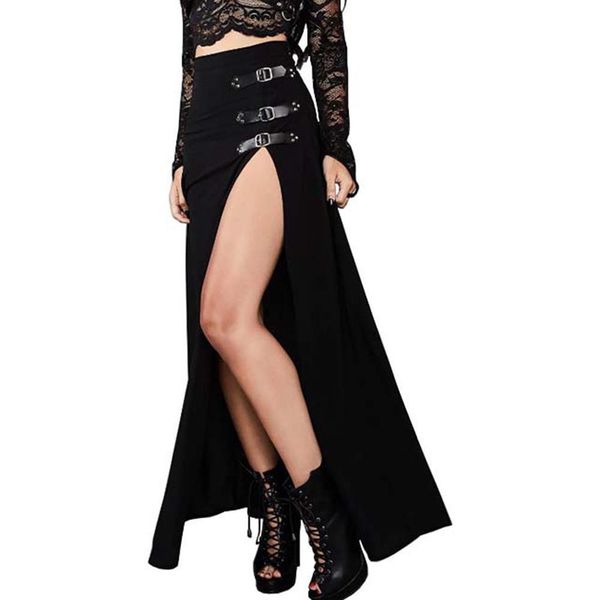 

punk women maxi skirt high waist split design buckle gothic black vintage party red elegant long skirts 2020 fall