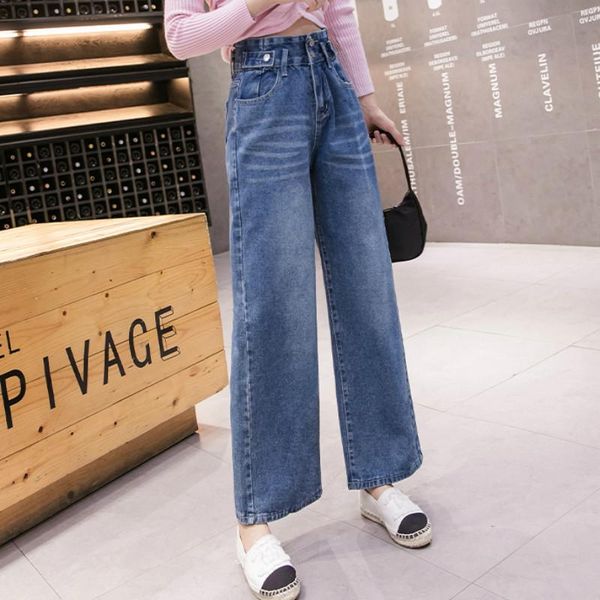 

women's jeans winter high waist wide leg loose straight 9 points denim capri pants cropped for women s  l xl xxl, Blue