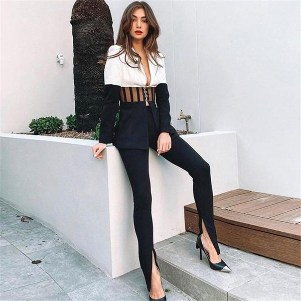 

hight quality blazer pants suit womens black white mesh splicing hollow out two pieces set suits blazer and pants set 2020