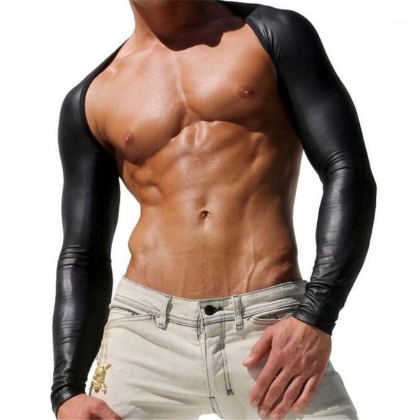 Venta al por mayor-Caliente Ropa interior de cuero de imitación para hombres, Camisa de manga larga sexy para hombres1