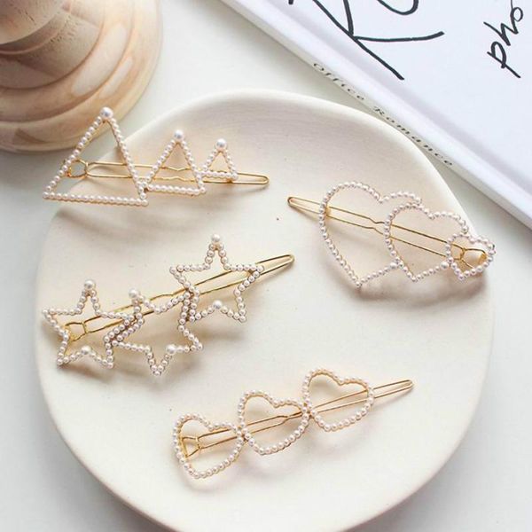 

korea women new hollow heart star shape hair clips simulated imitation pearl metal hairpins hair accessories fashion hairgrips, Golden;silver