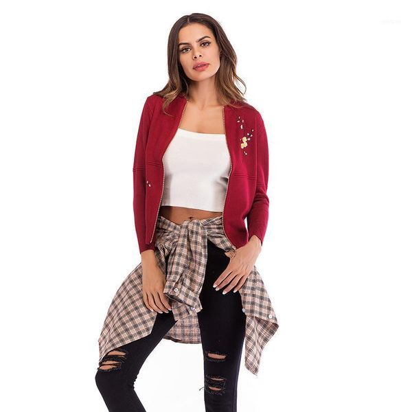 

2020 flower embroidered knitted cardigan zipper slim women casual short coat o neck long sleeve autumn winter red1, Black;brown