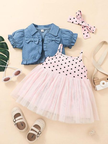 

baby puff sleeve jacket & mesh overlay cami dress with headband she, White