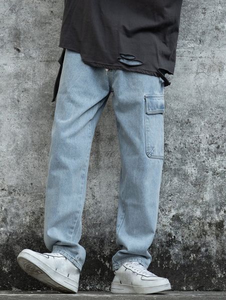 

men flap pocket side drawstring waist cargo jeans m0tn#, Blue