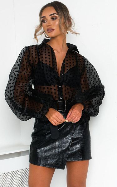 

женская в горошек blouse blouse сетка явная рубашка с длинным рукавом прозрачная блузка мода плюс размер женский повседневный верх, White