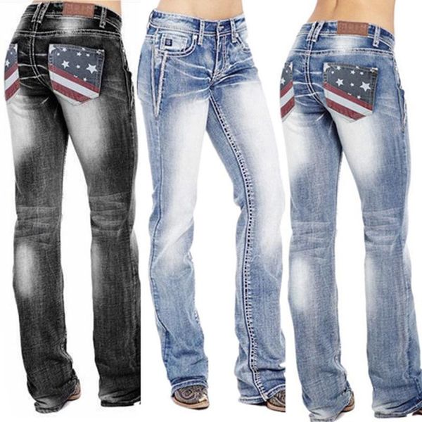 

american flag stretch washed bootcut jeans for women high waist vintage pants dsa1, Blue