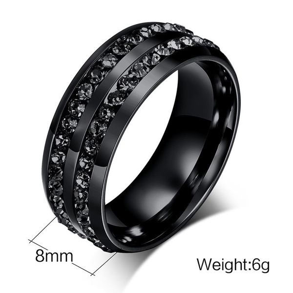 

2020 black crystal rings for women/men two rows female rings trendy 316l stainless steel wedding jewelry fashion, Slivery;golden