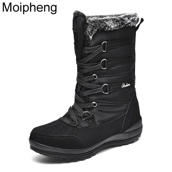 

boots moipheng womens platform winter cow suede mid-calf combat for women warm plush botas de mujer snow, Black