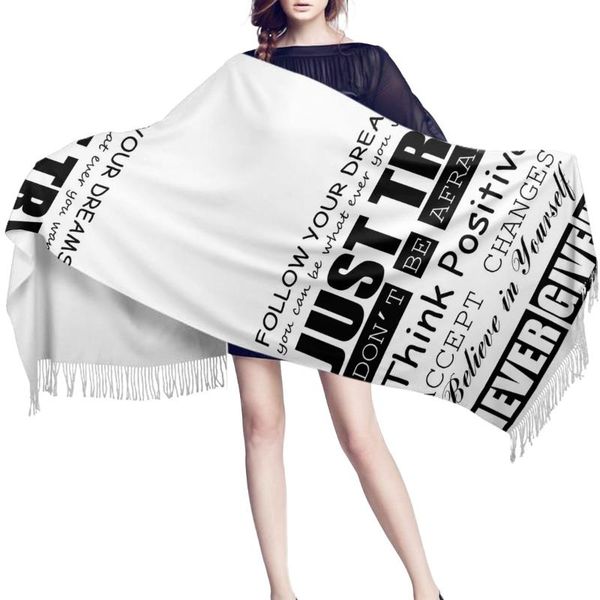 

scarves women cashmere scarf autumn winter hijab wrap positive energy text on white background printed shawls headband ladies, Blue;gray