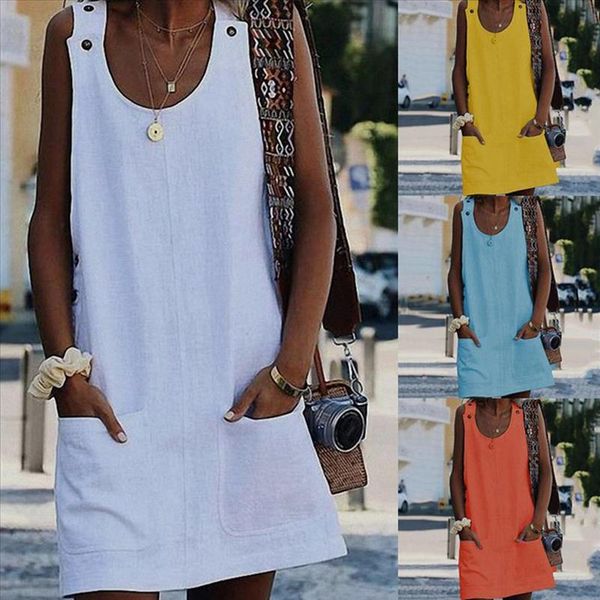 

beach dress women casual solid color pocket mini dress sleeveless button white strap drop shipping, Black;gray