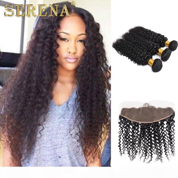 

8a 100% human hair with lace frontal closure 13x4 indian deep curly wave full lace frontal closure bleached knot with 3pcs hair bundles, Black;brown