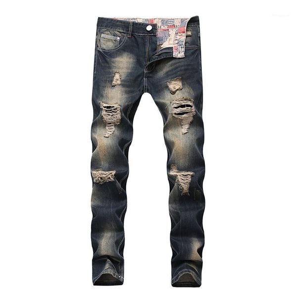 

men patchwork hollow new fashion ripped denim jeans hole ruined printing begging cropped pants men denim jeans1, Blue