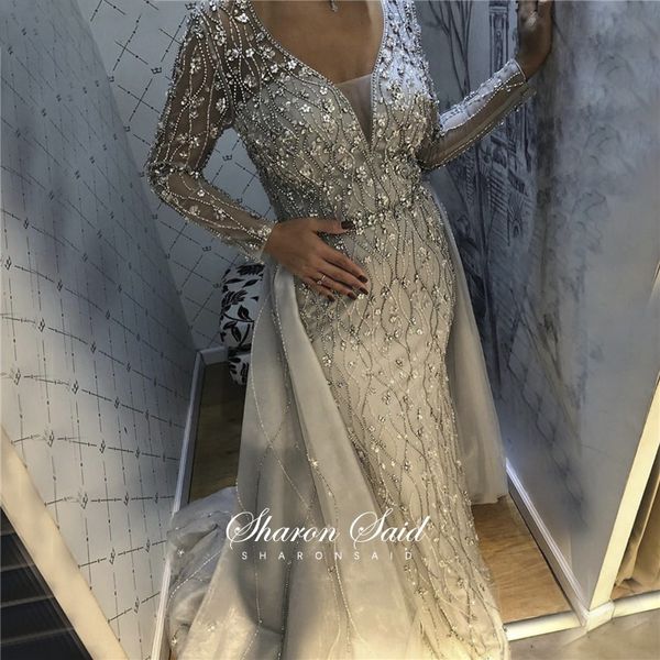 Lusso Dubai argento abito da sera musulmano manica lunga overskirt perline arabo abiti da festa formale per le donne da sposa abiti da ballo LJ201119