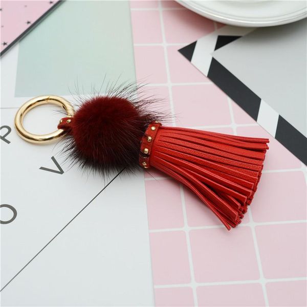 

real mink fur ball key chain with pu leather tassels for women bag key ring holder jewelry pendant neh812 h bbylsx