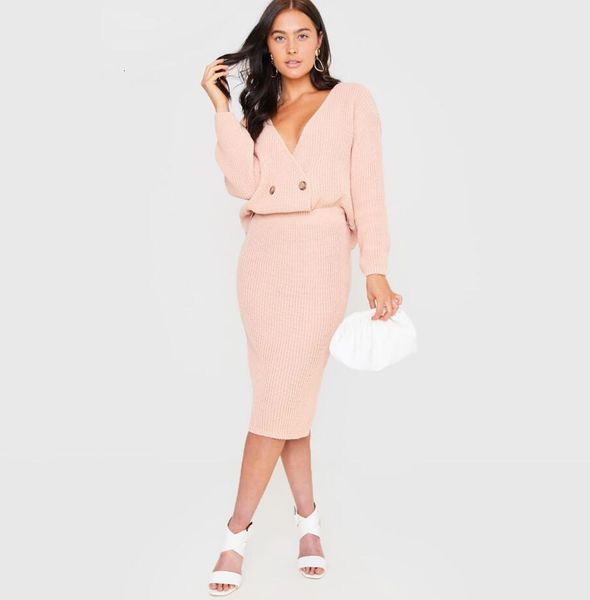 

double cardigan mode come out long two female ensemble 2021 autumn with loose v cleavage sweater matching set q805 4hfl, White