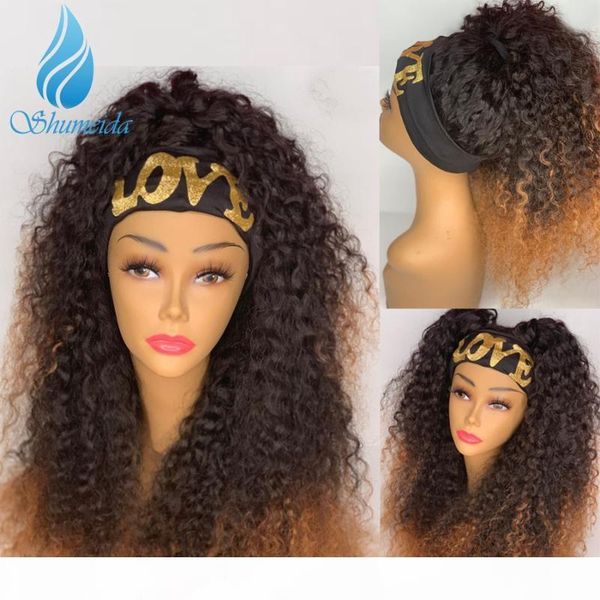 

180% density headband human hair wigs brazilian remy jerry curly human hair wig for black women gluless, Black;brown