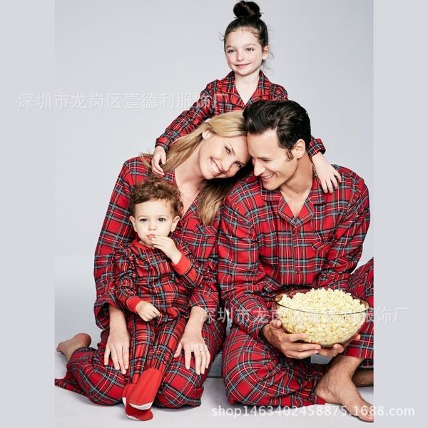 

family christmas pajamas red plaid home wear mommy and me clothes father son shirts +pants parent child kids baby pyjamas su1093 201104, Blue