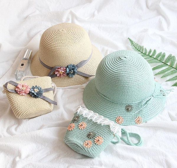 

baby girl straw hat summer beach breathable wide brim hats bow sunscreen straw flower cap and b jllklk home003, Blue;gray