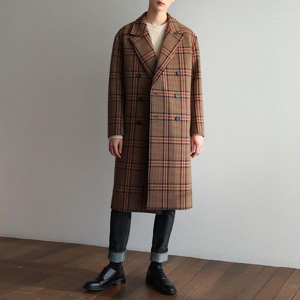 

winter men's long loose overcoat wool blends checks plaid double breasted thick warm casual m391, Black