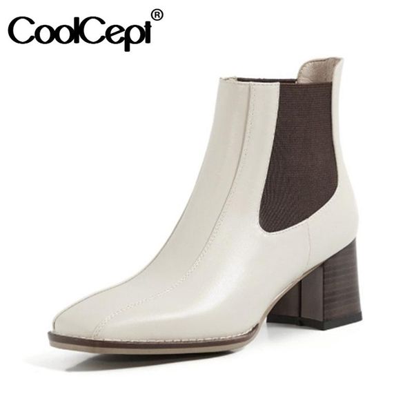 

boots coolcept genuine leather women ankle retro high heel winter shoes woman warm square toe office lady footwear size 33-40, Black