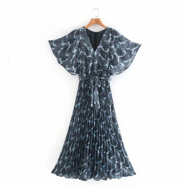 

2021 new women pleated vintage printed v-neck midi dress fashion tied belt flare sleeves irregular hem female chic dresses vt4y, Black;gray