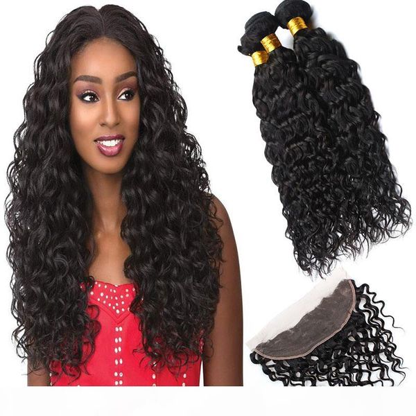 

peruvian human hair 3 bundles with 13x4 lace frontal 4pieces lot water wave bundles with 13 by 4 lace frontal wet and wavy 8-30inch, Black;brown