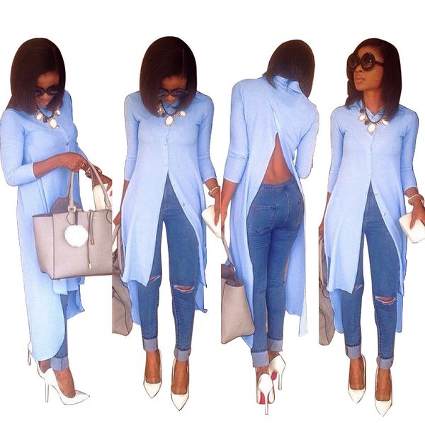 

ladies personalityl irregular button dovetail women solid color long sleeves woman fashionable, White