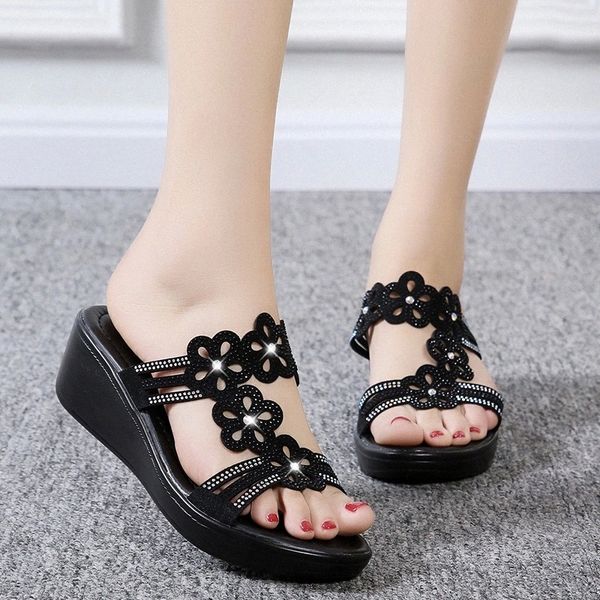 

lucyever summer casual crystal floral wedge slides women 2020 fashion hollow out platform sandals woman comfortable slippers #gi66, Black
