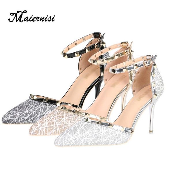 

dress shoes maiernisi pointed toe design high heels fashion women sandals rivets thin breathable pumps for female, Black