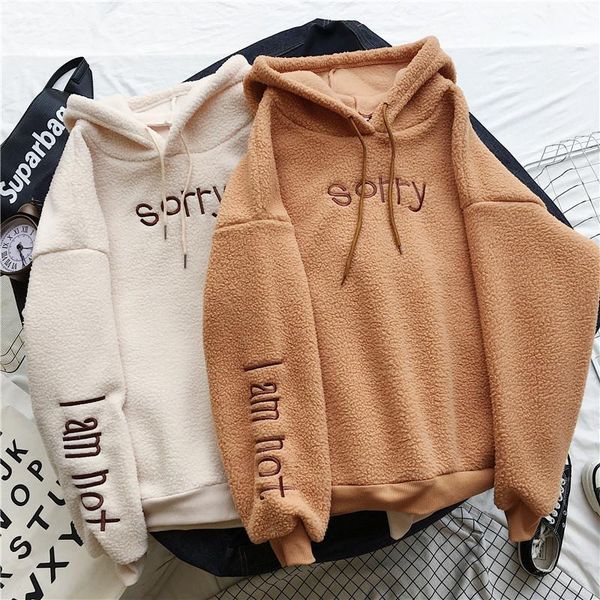 

letter print hooded sweatshirts women lamb wool hoodies winter thicken warm harajuku pocket women fleece flannel pullover, Black