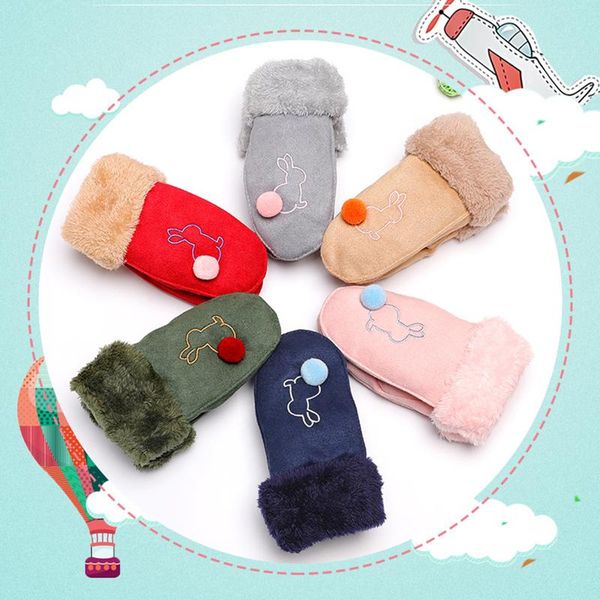 

five fingers gloves winter warm girls children ski thick plush suede mittens for keep hands cartoon cute, Blue;gray