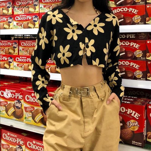 

2021 early autumn new flowers printing long sleeves fashion slim short jacket daisy print single breasted short top, Black;brown
