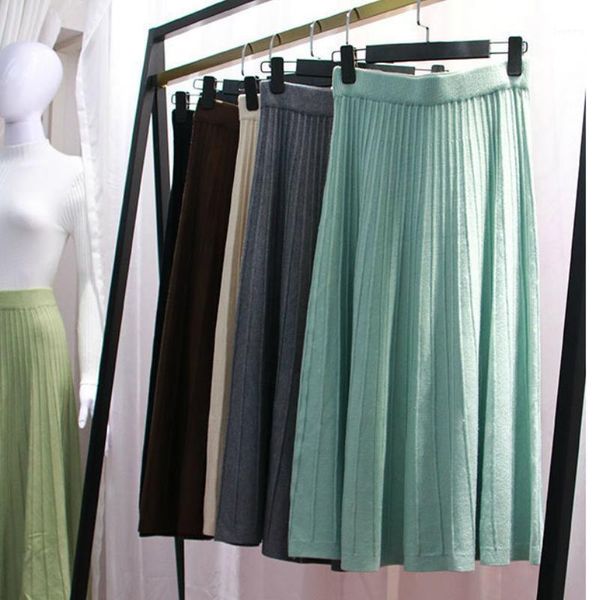 

women's autumn winter a-line knitting wool blend pleated maxi long skirt1, Black