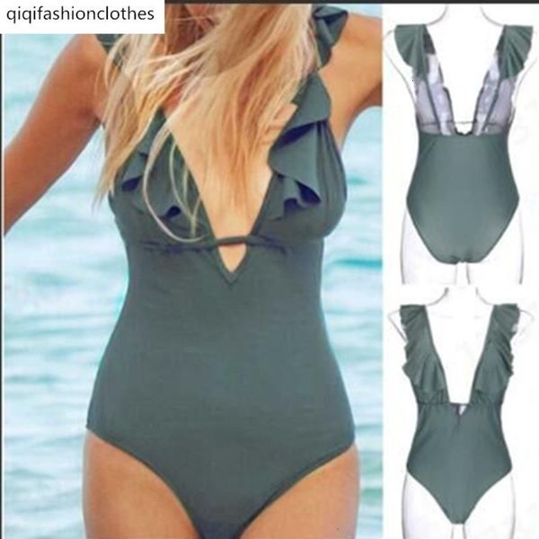 

single open back deep v wooden ear edge cover belly show thin one piece swimsuit female, White;black