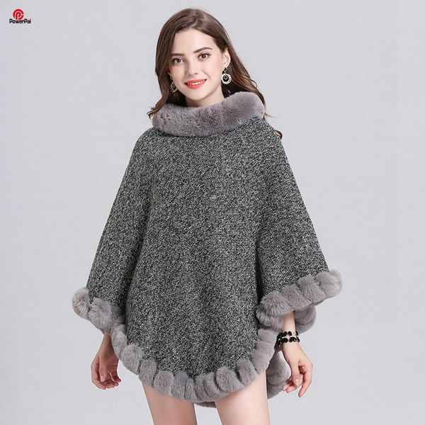 

scarves elegant retro handwork fur knit poncho thick cashmere cape full trims faux rex shawl pullover coat women winter wraps, Blue;gray