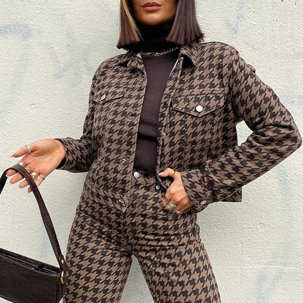 

fashion autumn and winter new women's long sleeve turn down collar button coat houndstooth printed ol short jackets outwear#g3, Black;brown