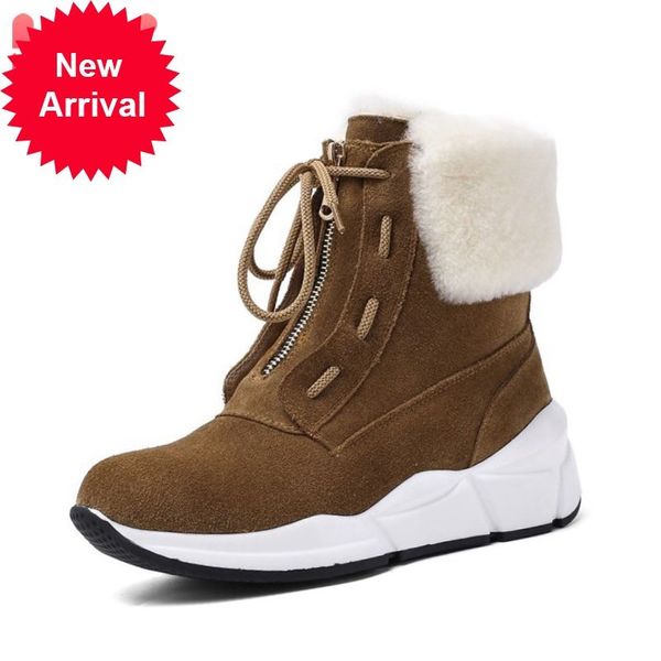 

high royal leather women's ankle boots round toe thick winter skin warm shoes with zipper size 34-40, Black
