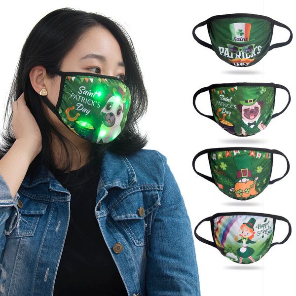 

saint partick's day designer mask hanging ear breathable green printed dust mask with led light irish festival mask wholesale