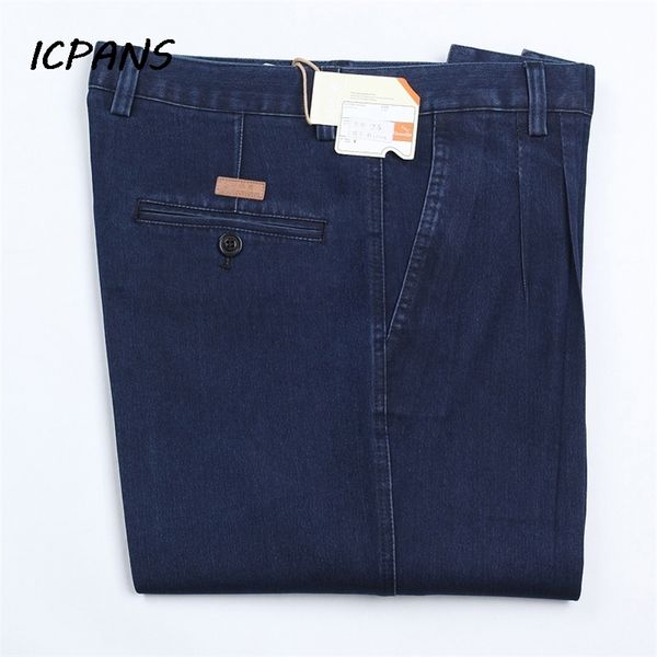 ICPANS PLUS Размер 30- 42 44 46 джинсовых джинсов для мужчин Осенняя классическая высокая талия прямые свободные синие растягивающие джинсы мужчины 201223