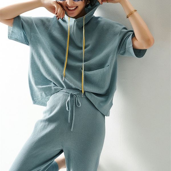 

casual tracksuits loose solid knitted suit female hoodies batwing pullover + lace-up high waist calf-length pants 2pcs sets t200702, White