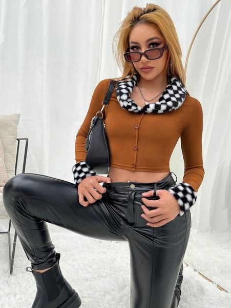 

checkered pattern contrast fuzzy trim crop jacket f9yg#, Black;brown