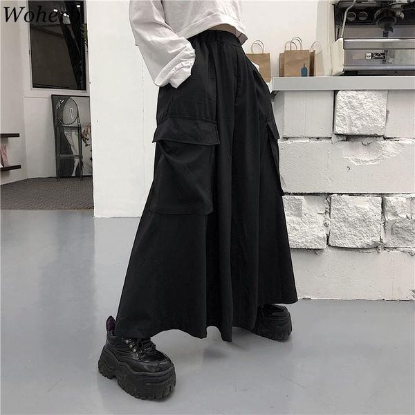 

harajuku streetwear korean cargo pants women man summer hip hop harem wide pants vintage kimono japan loose black trousers, Black;white