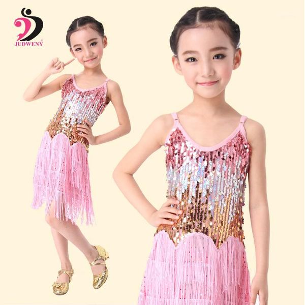 

latin dance dress for girls ballroom dancing dresses for kids children professional latin sequin fringe salsa tassel 6 colors1, Black;red
