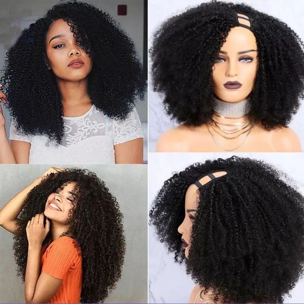 

afro kinky curly 250density 2x4 middle bob u part wigs human hair indian 10a remy 100% unprocessed full machine upart wig, Black
