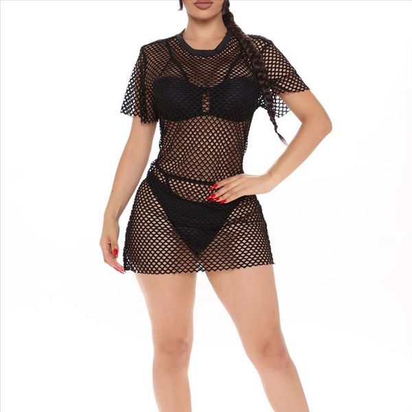

fishnet mesh club dresses summer short sleeve see through mini women round collar ladies dress beach plus size s 5xl, Black;gray
