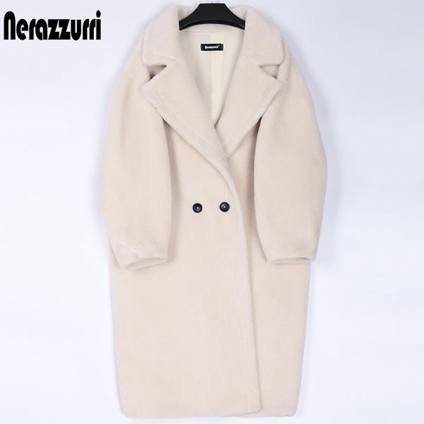 

nerazzurri winter long oversized teddy coat women lapel brown thick warm sheep wool teddy bear jacket women plus size fashion lj201202, Black
