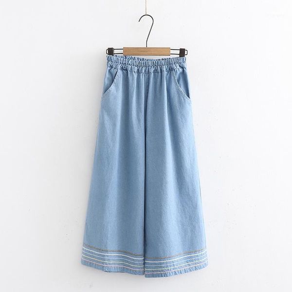 

2020 spring new women's literary and artistic small fresh jeans women loose and versatile nine-point wide-leg pants1, Blue